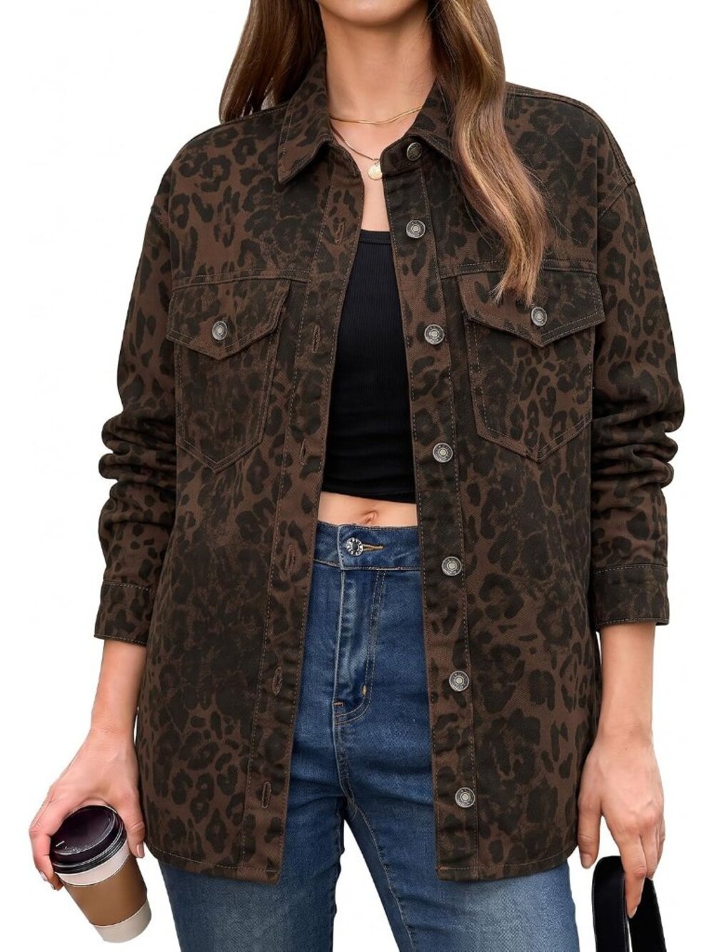 Women's Brown 1 Leopard Cheetah Print Oversized Denim Jean Jacket Casual